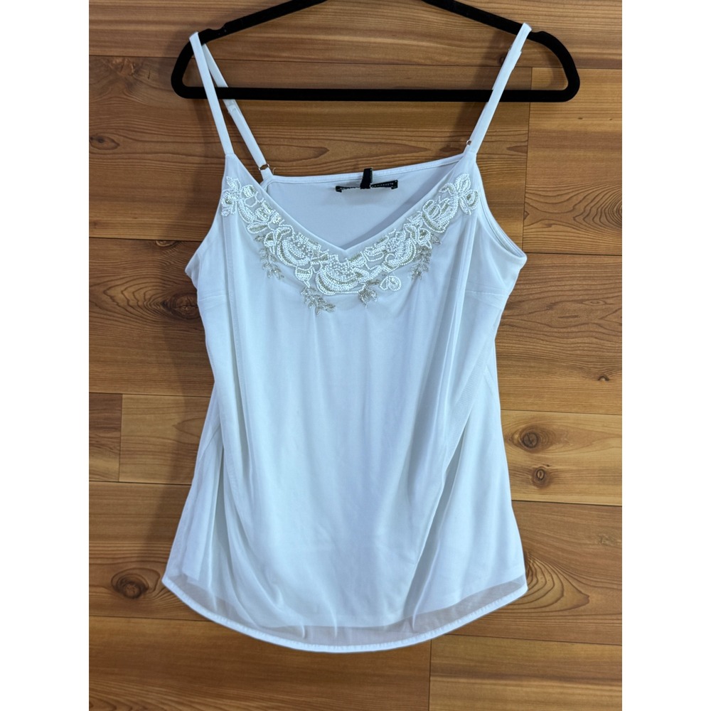 White House Black Market Beaded V-Neck Camisole White Mesh Layered Top L